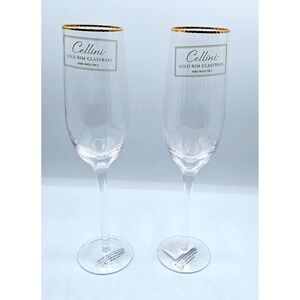 Set of 2 Vintage Cellini Italy Glass Champagne Flutes‎ Gold Trim-No Box
